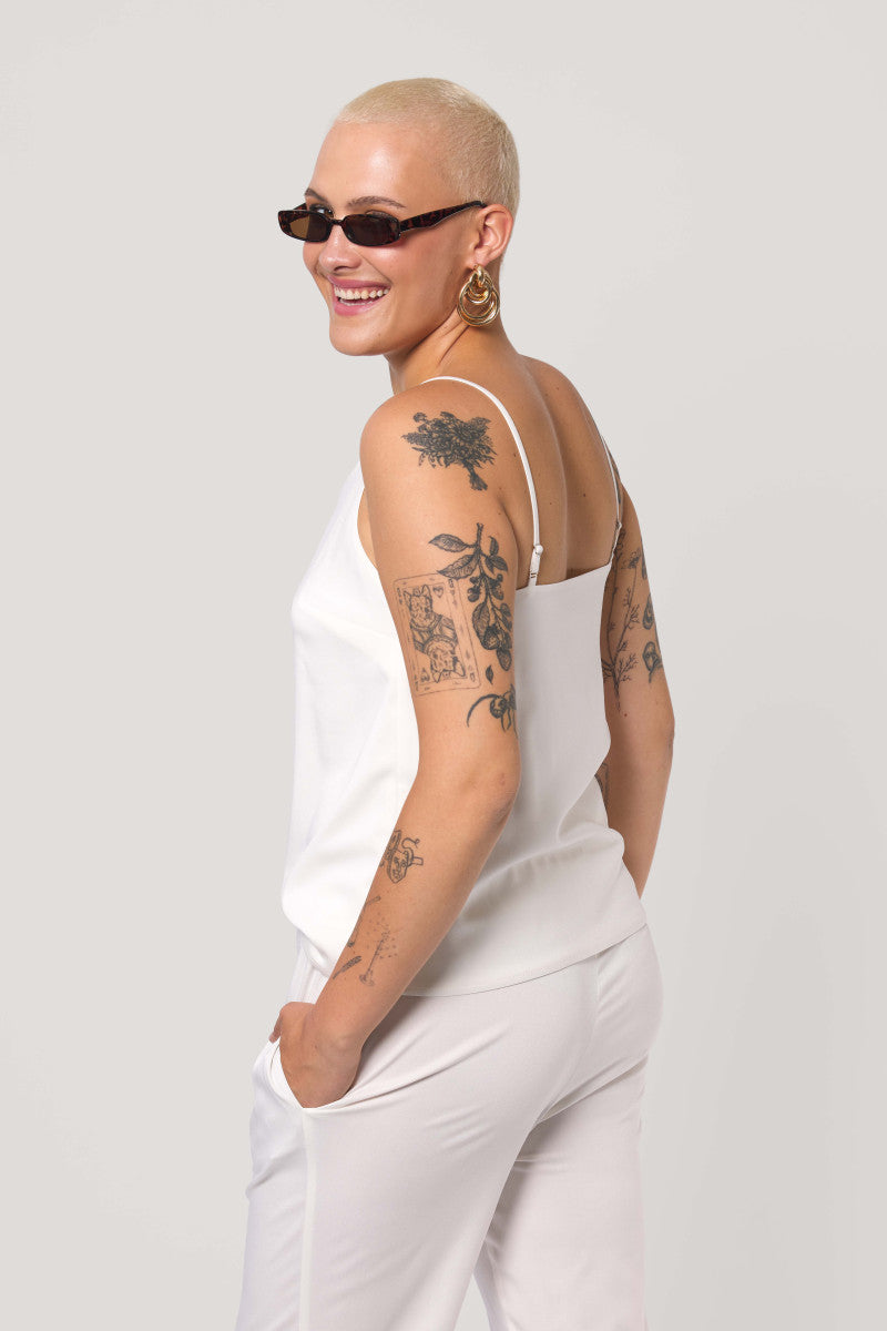 Cream viscose straight trousers with ties