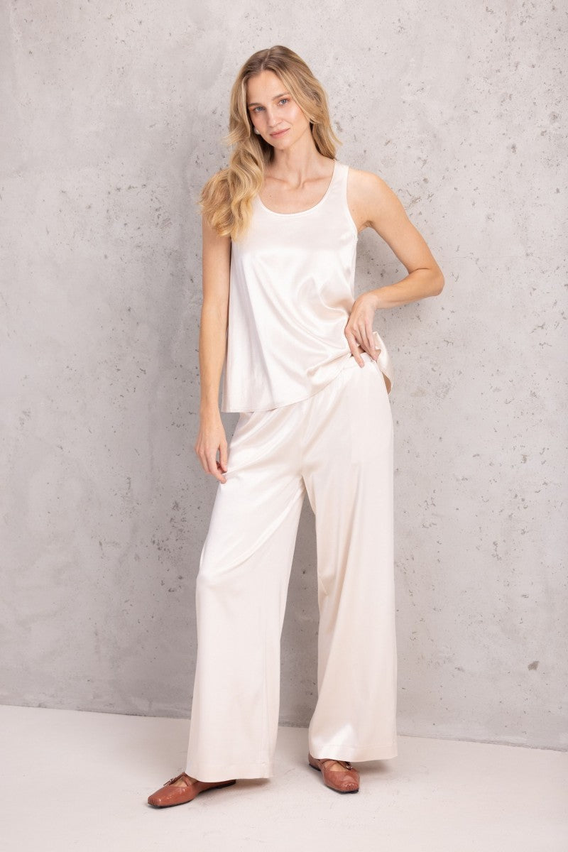 Satin trousers with elastic waistband, pearl gold