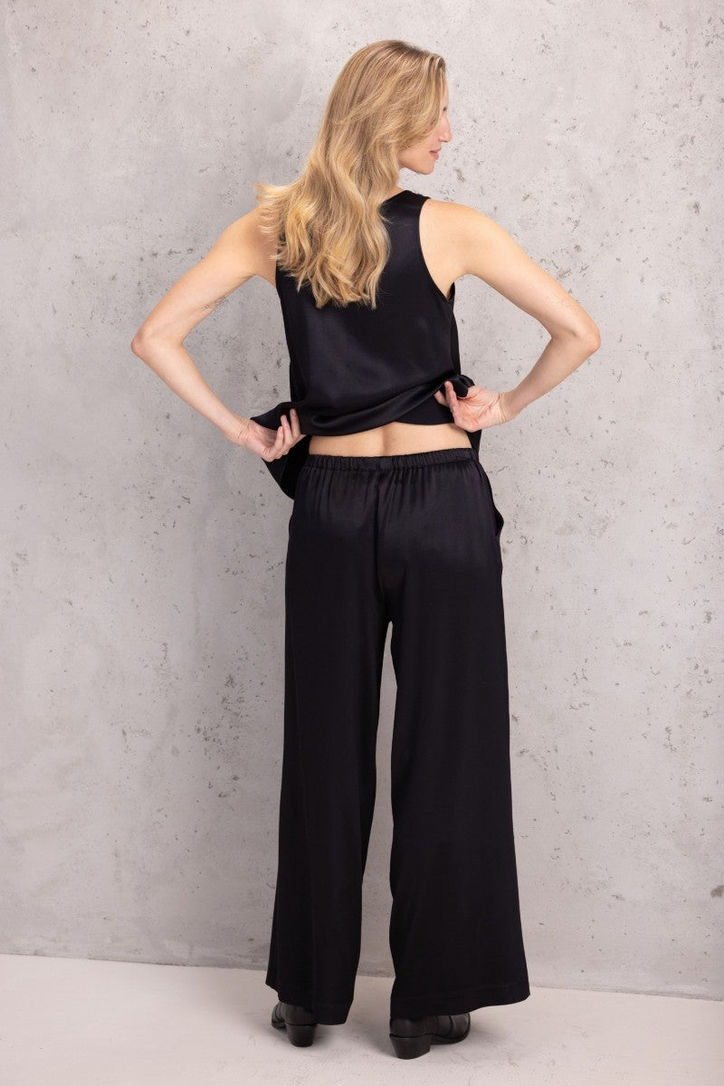 Satin trousers with elastic waist, black