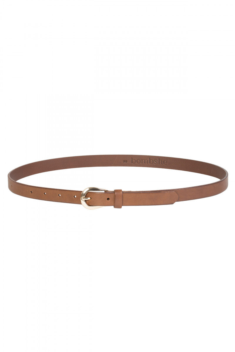 Leather belt with a semicircular buckle in gold, brown