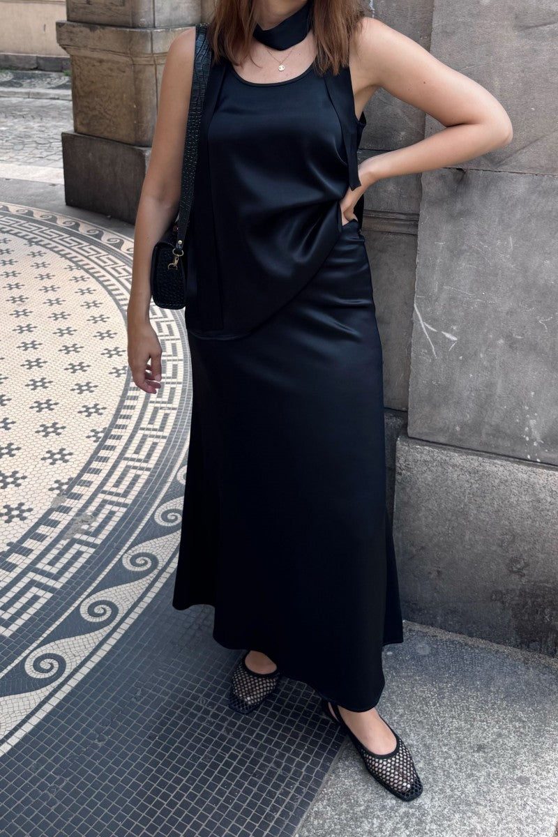 Black satin midi skirt