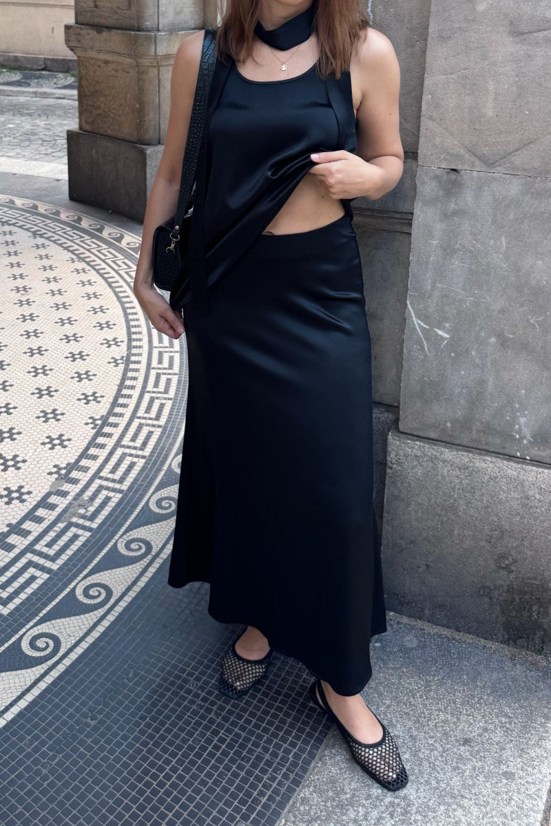 Black satin midi skirt