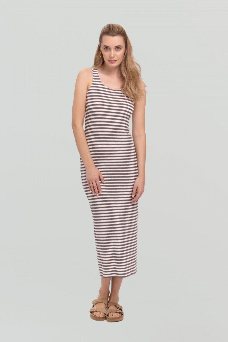 Sukienka maxi w paski śmietankowo- beżowa