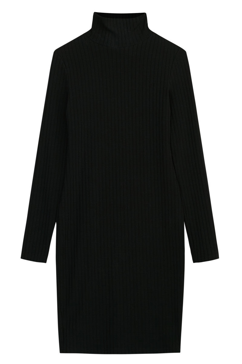 Ribbed cotton turtleneck mini dress, black