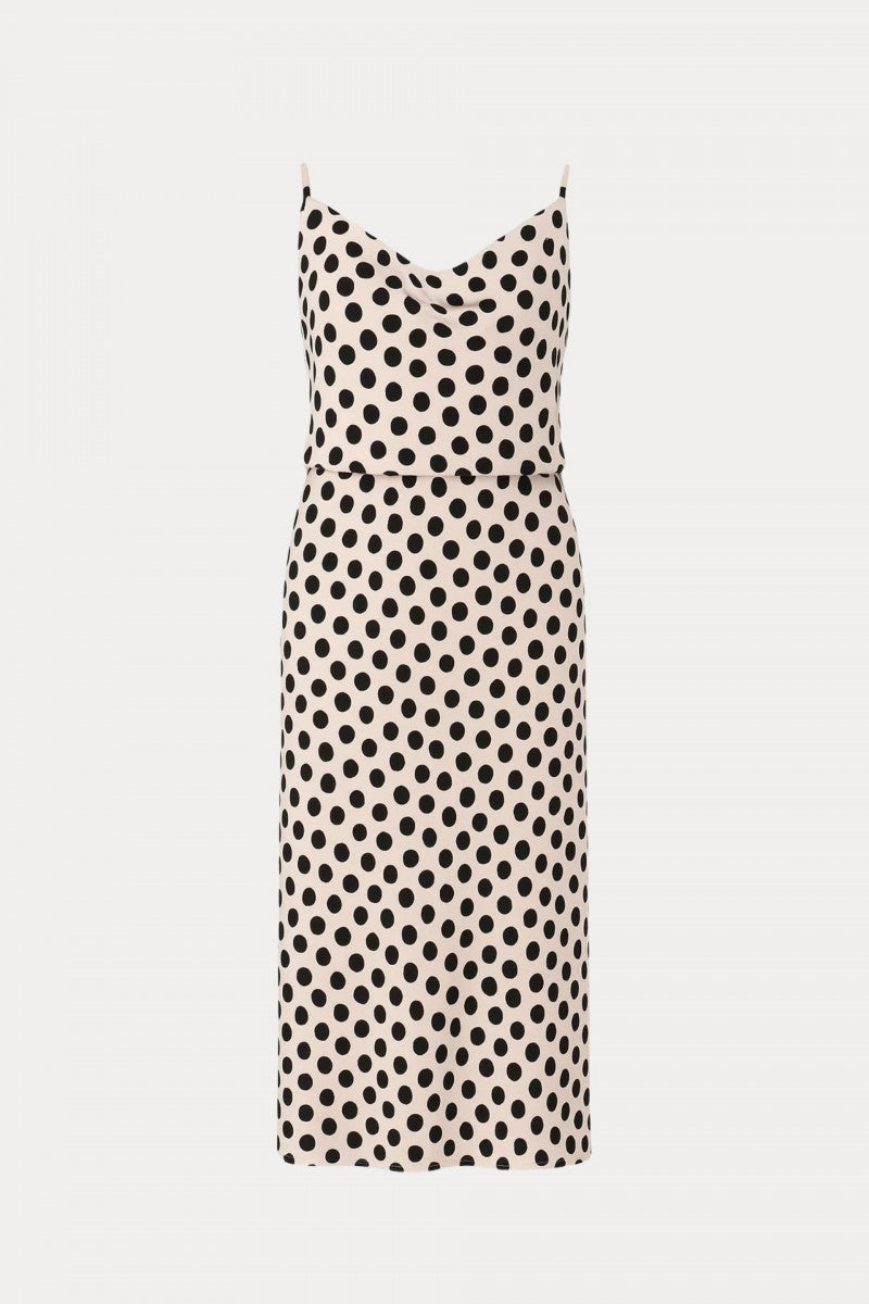Sukienka w grochy z dekoltem typu woda śmietankowa