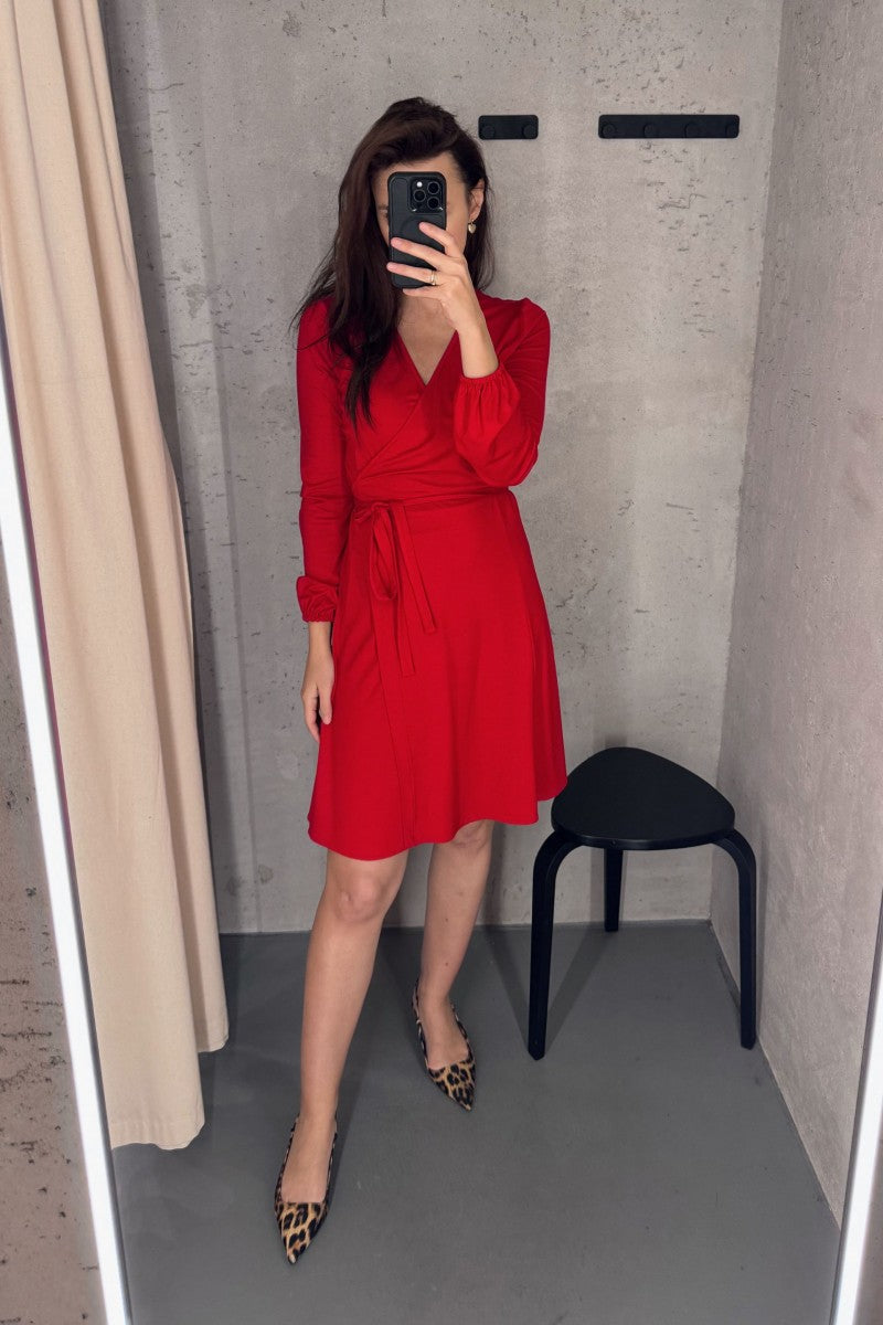 Red knit wrap dress