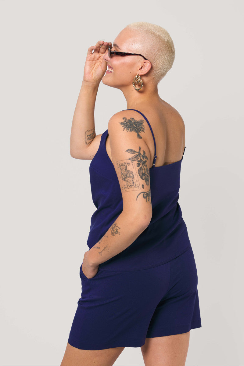 High-waisted navy blue shorts