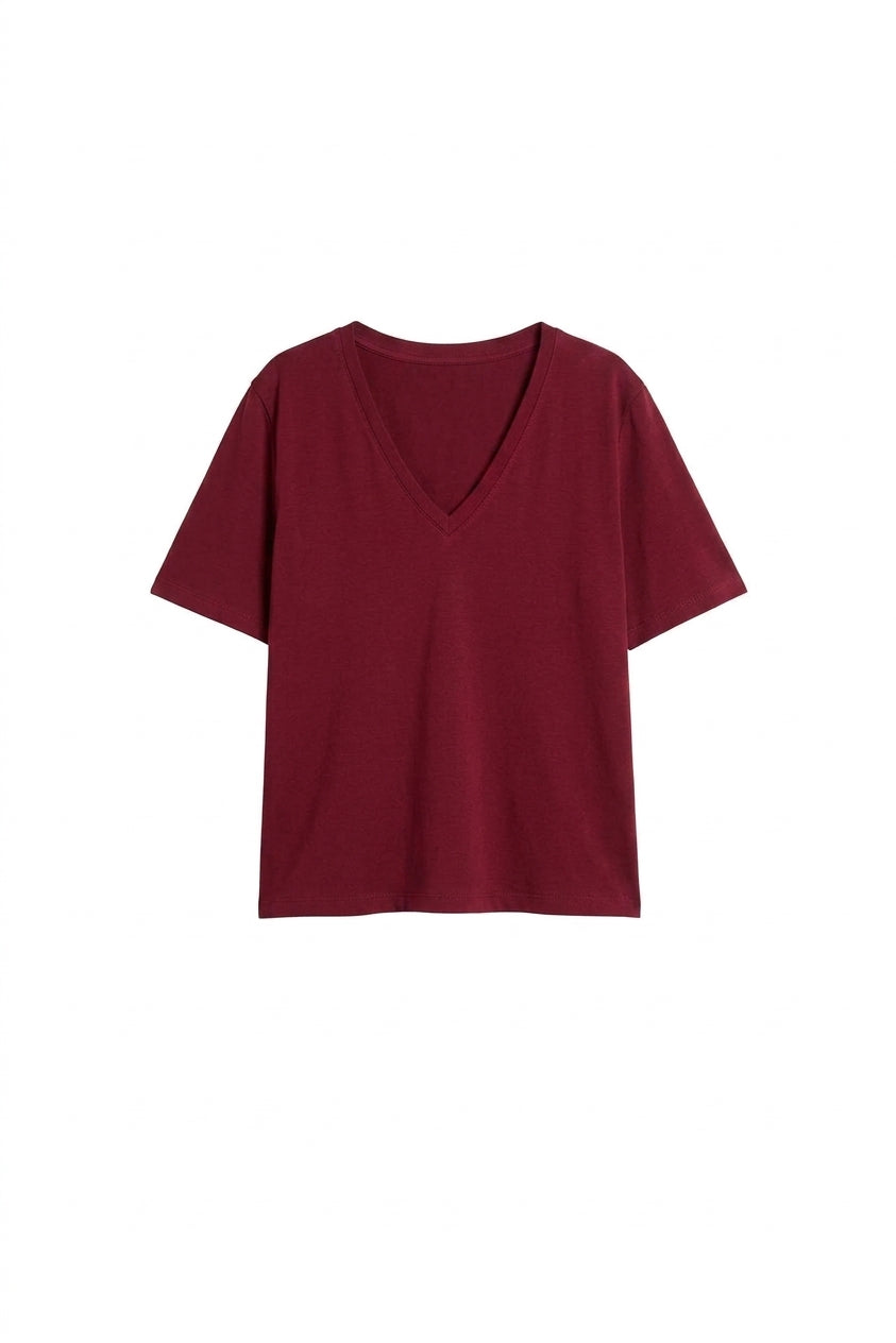 T-shirt z dekoltem v o pudełkowym kroju burgund - packshot