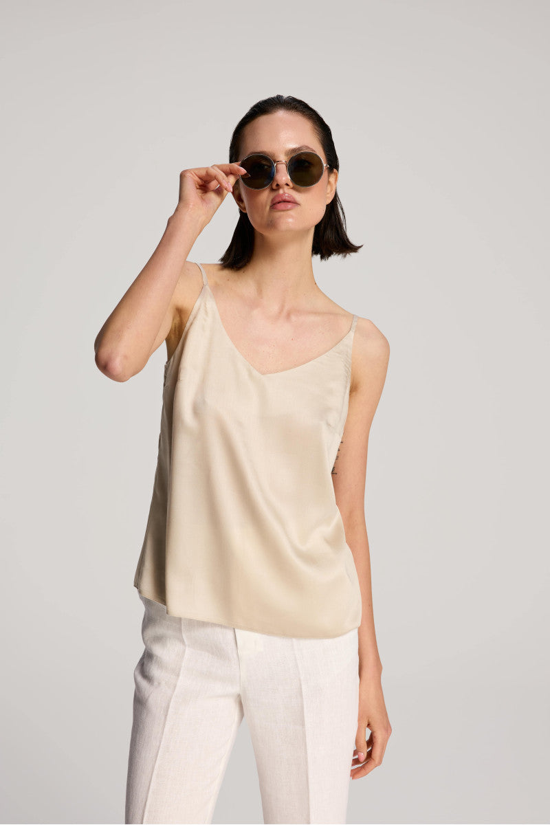 Top na ramiączkach z wiskozy satynowej złoty beżowy