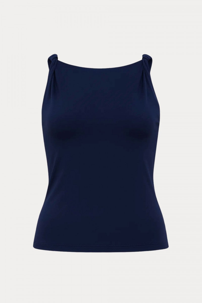 Top z zawinięciem na ramieniu granatowy