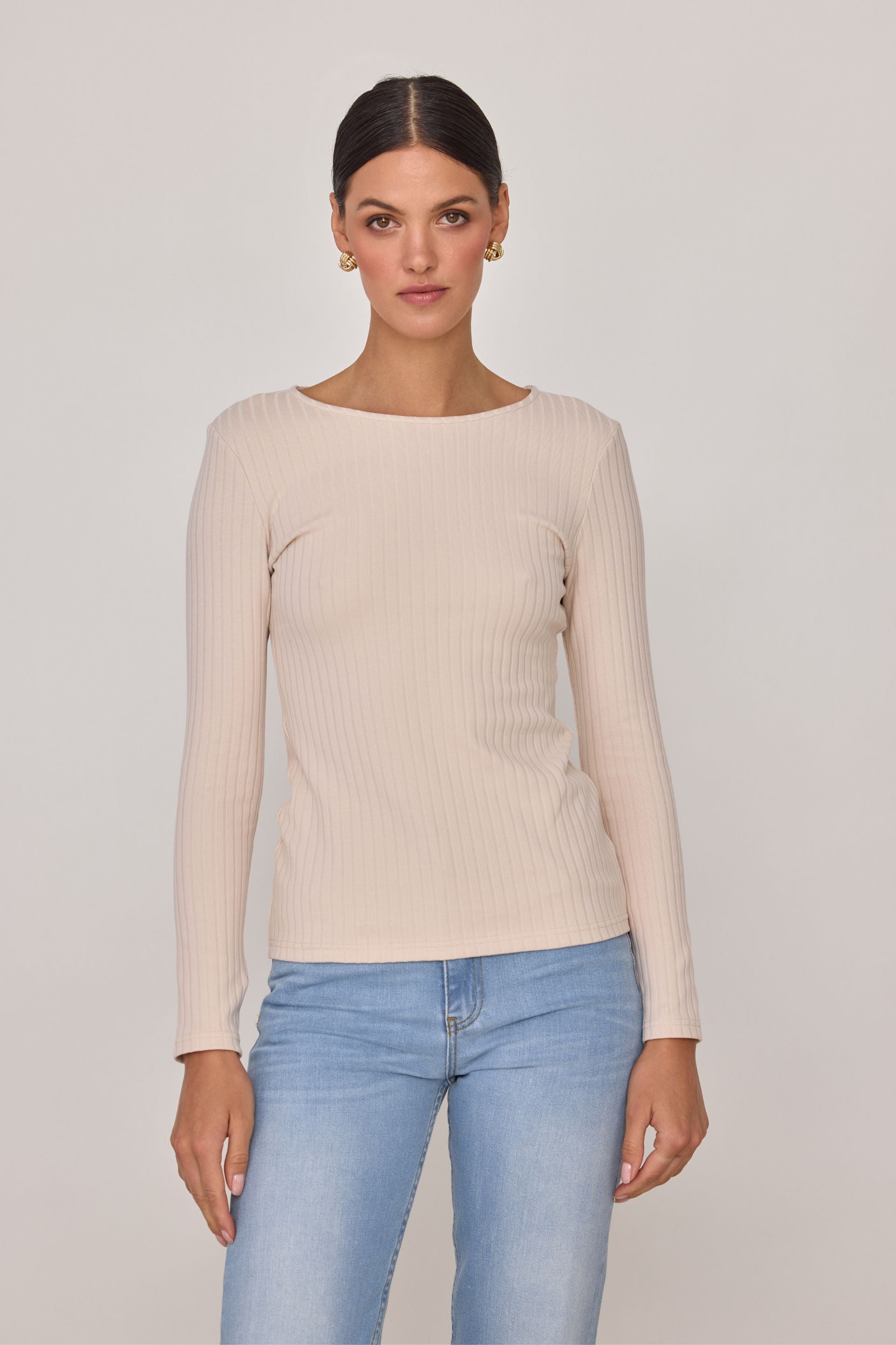 Longsleeve w szerszy prążek beżowy