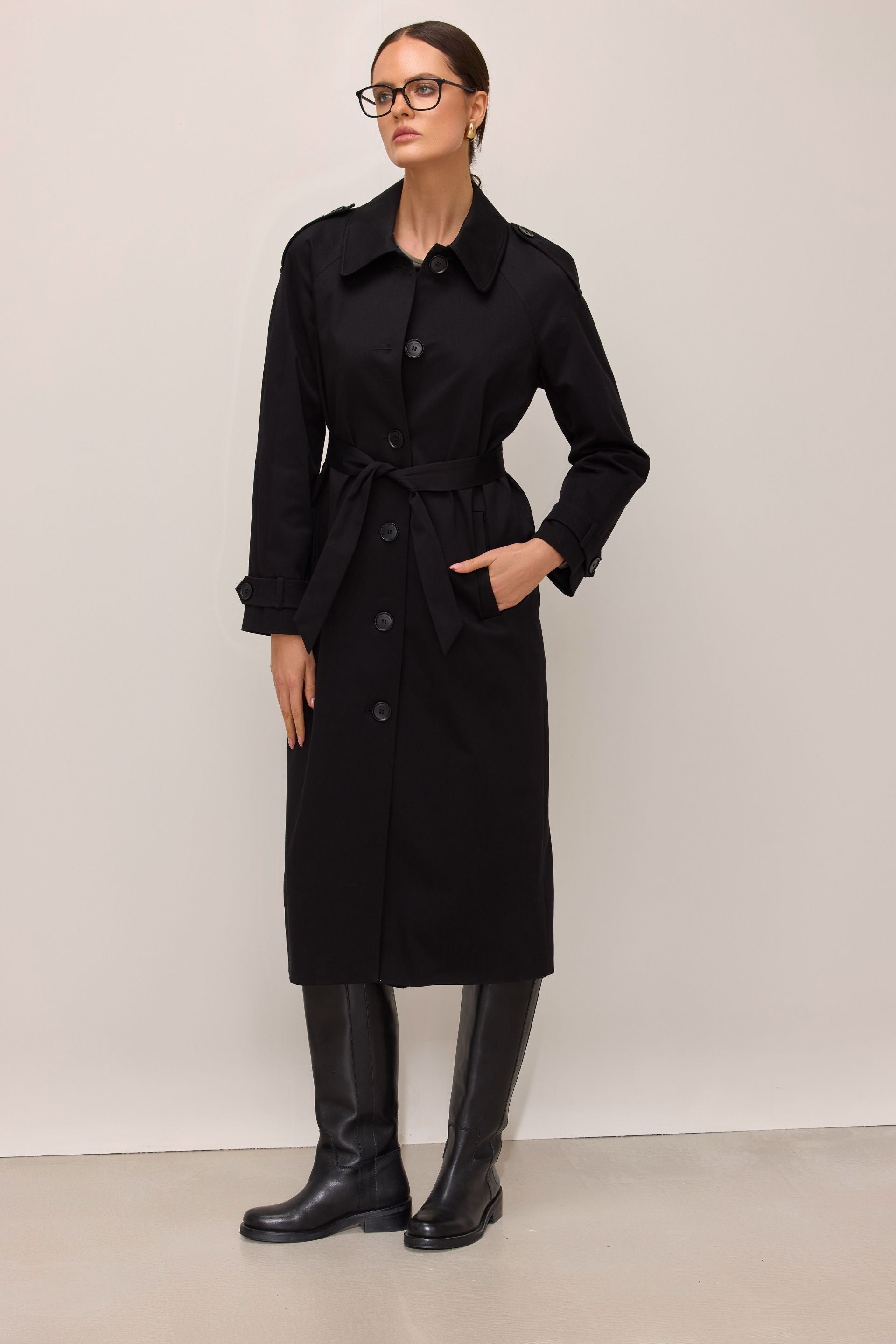 Jednorzędowy długi trencz czarny