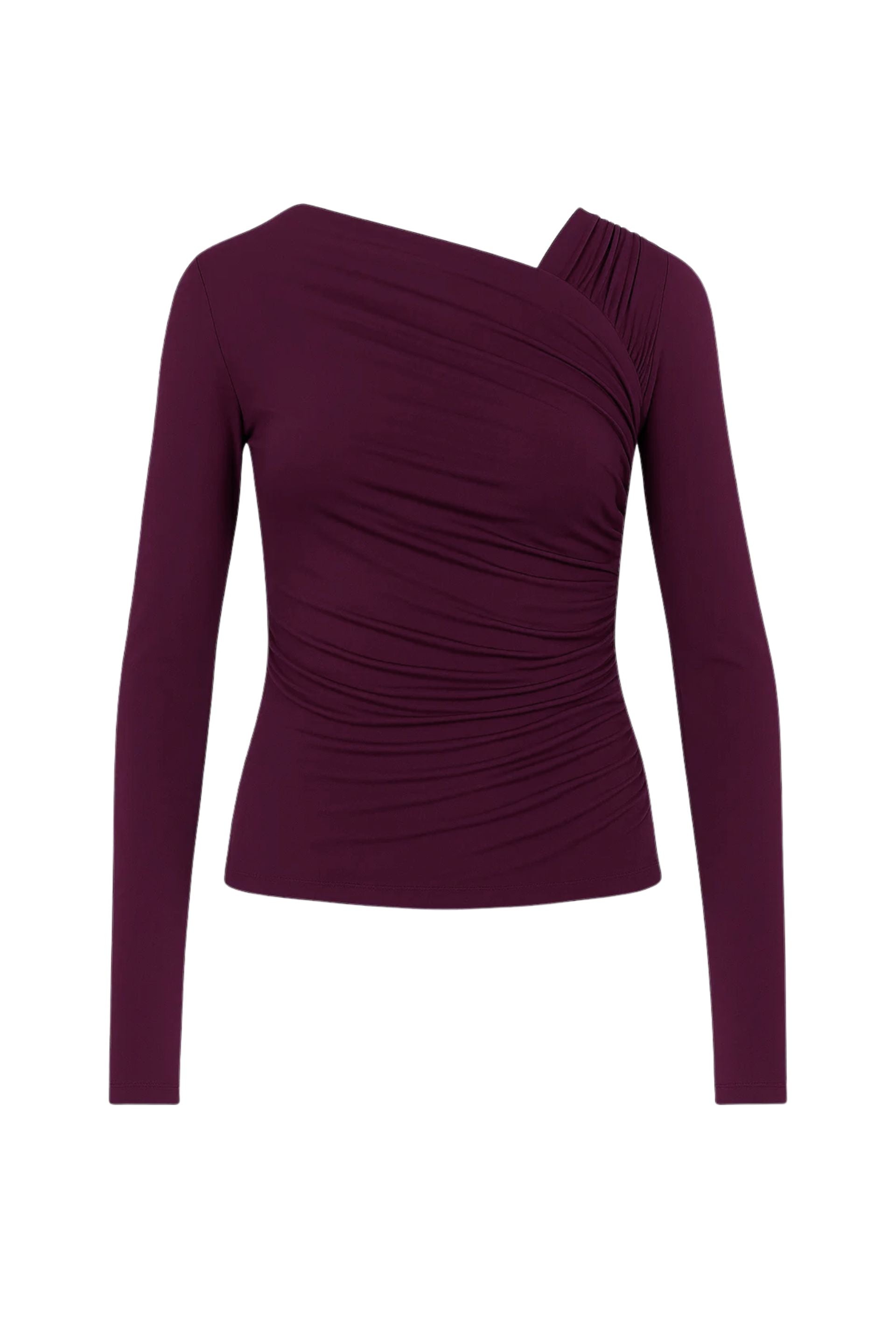 Bluzka z asymetrycznym dekoltem i drapowaniem z długim rękawem wiśniowa
