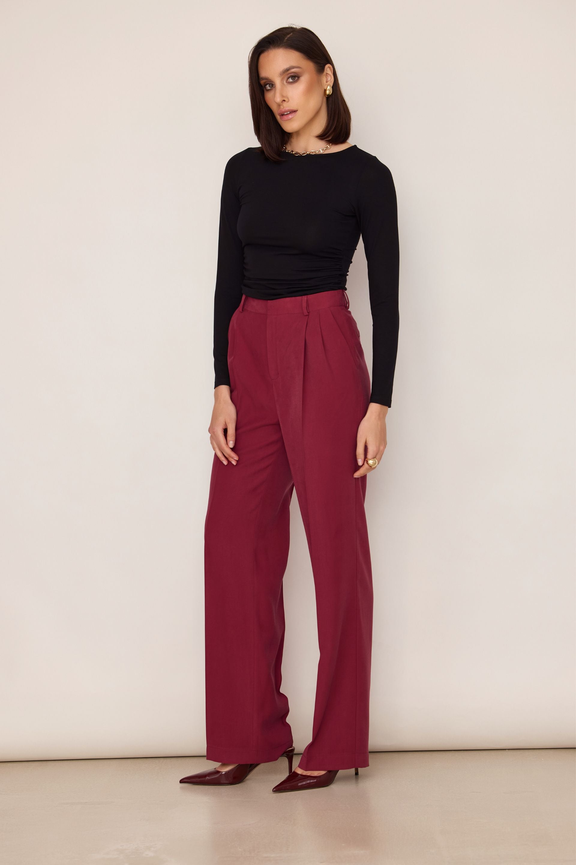 Spodnie z szeroką nogawką bordowe