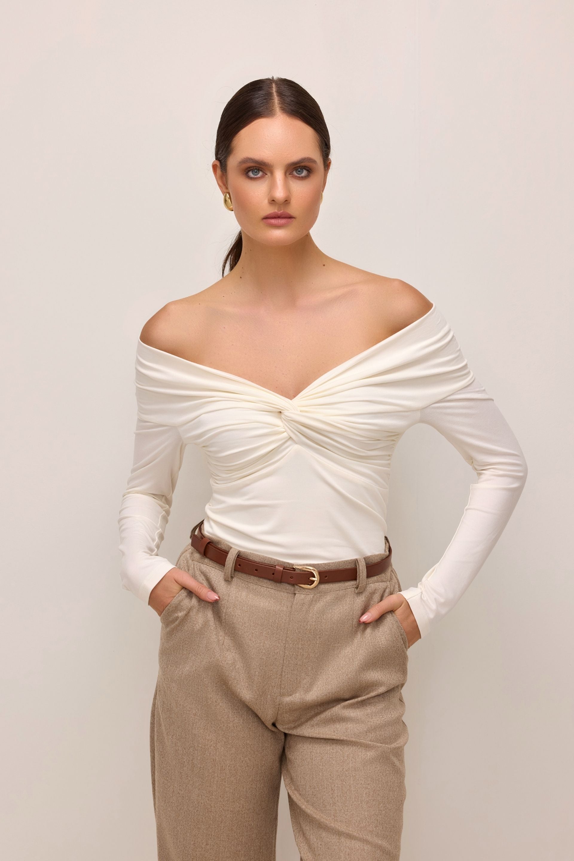 Off-the-shoulder blouse with a wrap and long sleeves, cream