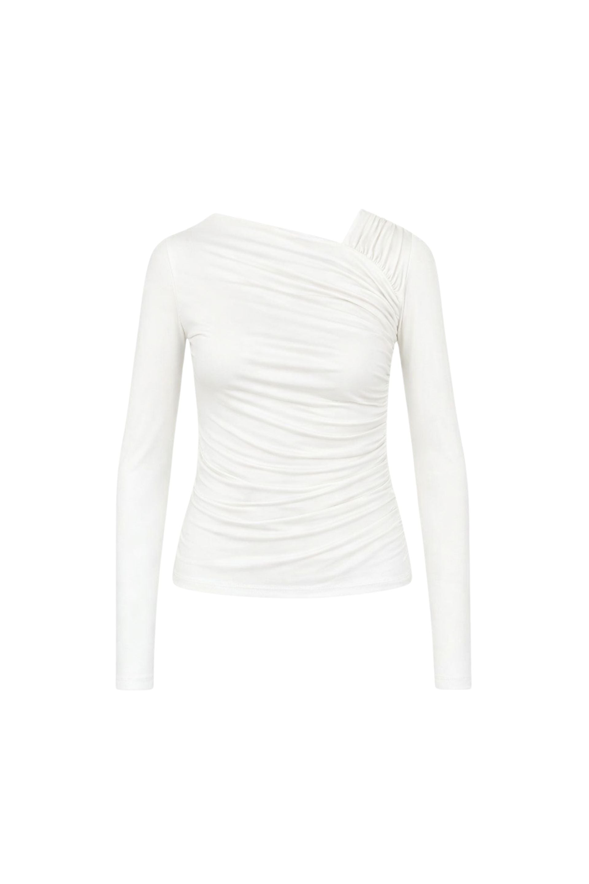 Bluzka z asymetrycznym dekoltem i drapowaniem z długim rękawem śmietankowa biel