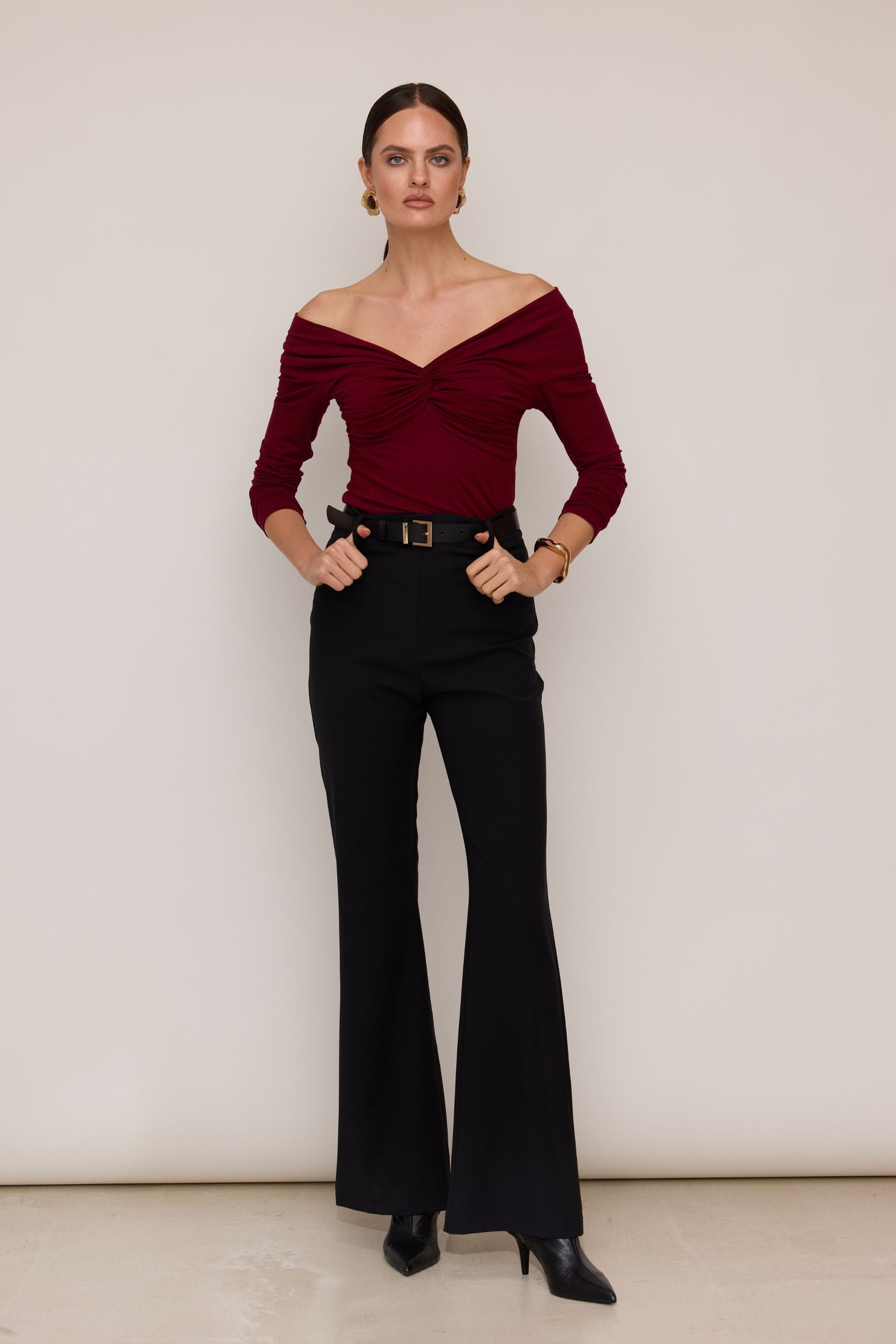 Burgundy Off-the-Shoulder Roll-Up Long Sleeve Blouse