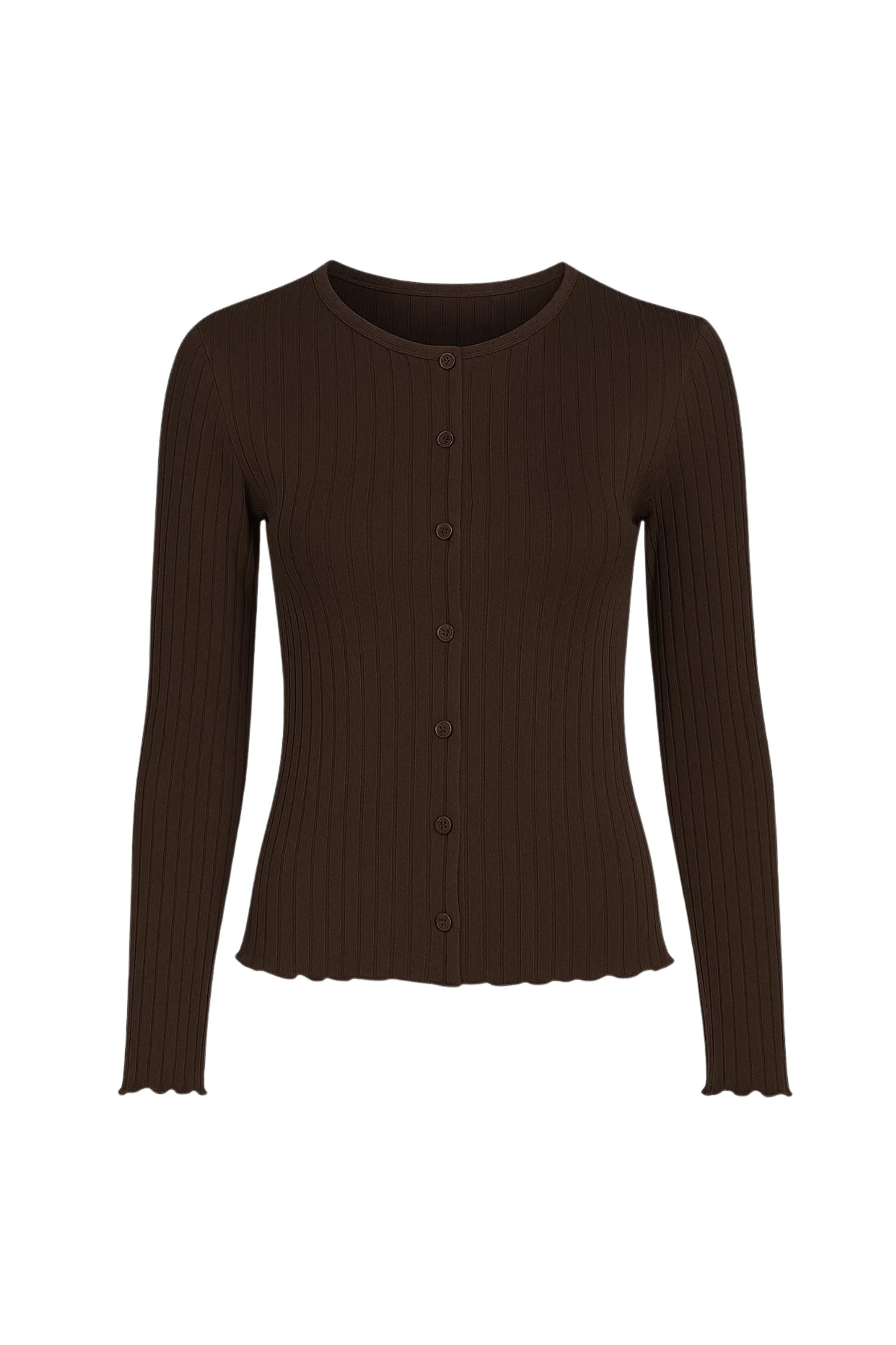 Bluzka na guziki z dekoltem basic w szerszy prążek gorzka czekolada