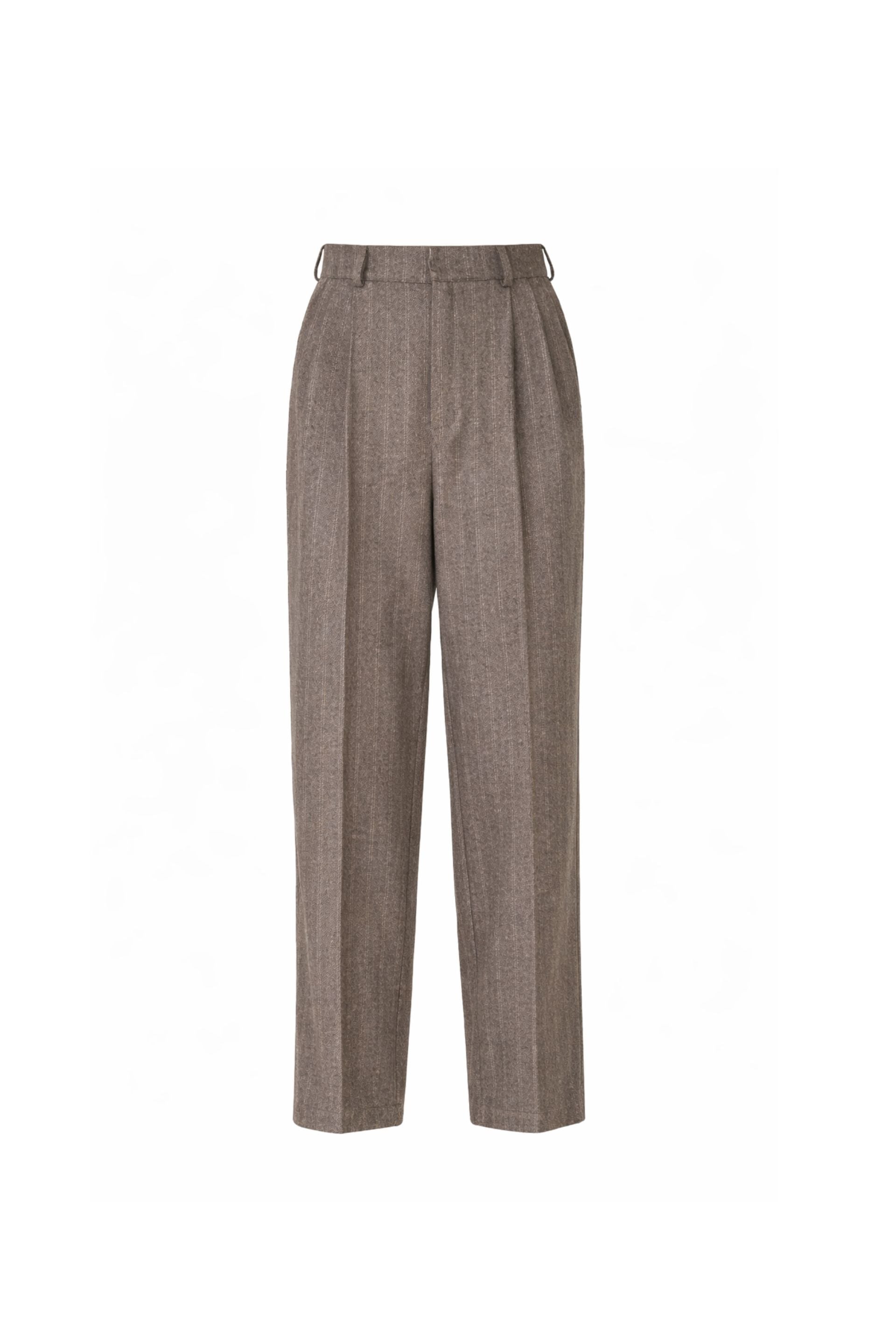 Wełniane spodnie w paski z zakładkami czekoladowe