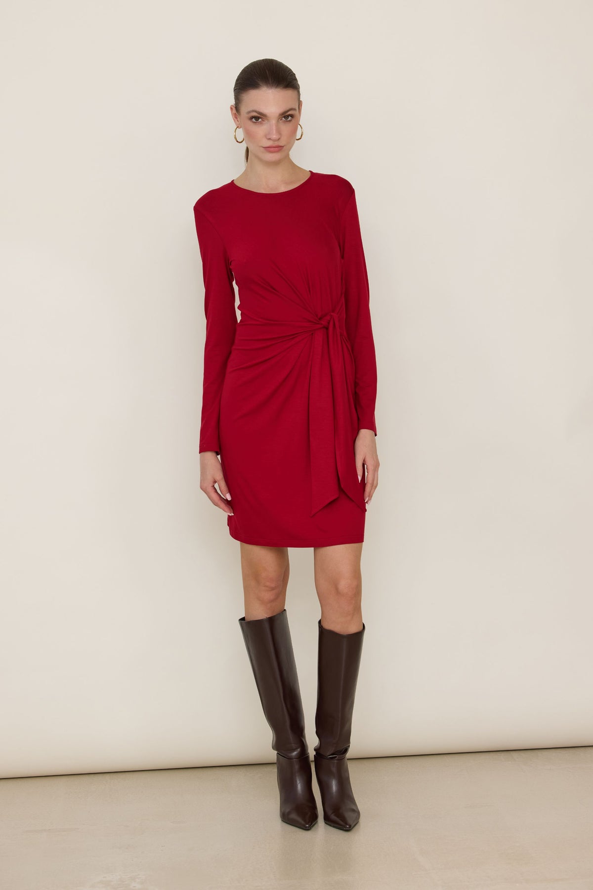 Dark chocolate long sleeve mini dress with knot