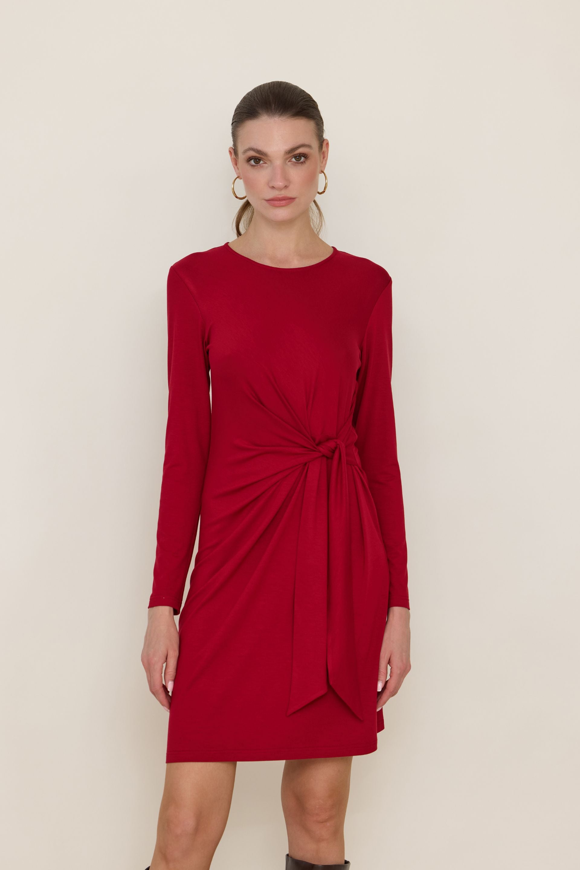 Dark chocolate long sleeve mini dress with knot