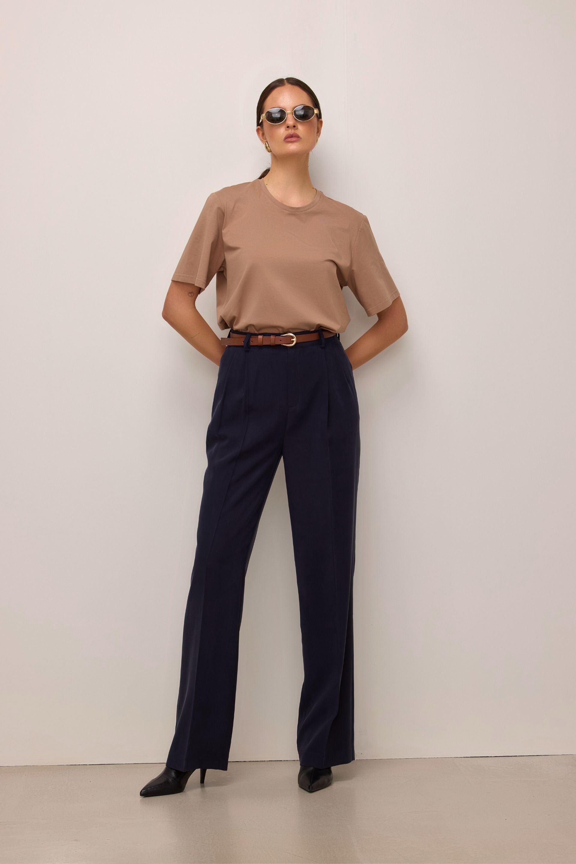 Navy blue wide-leg trousers