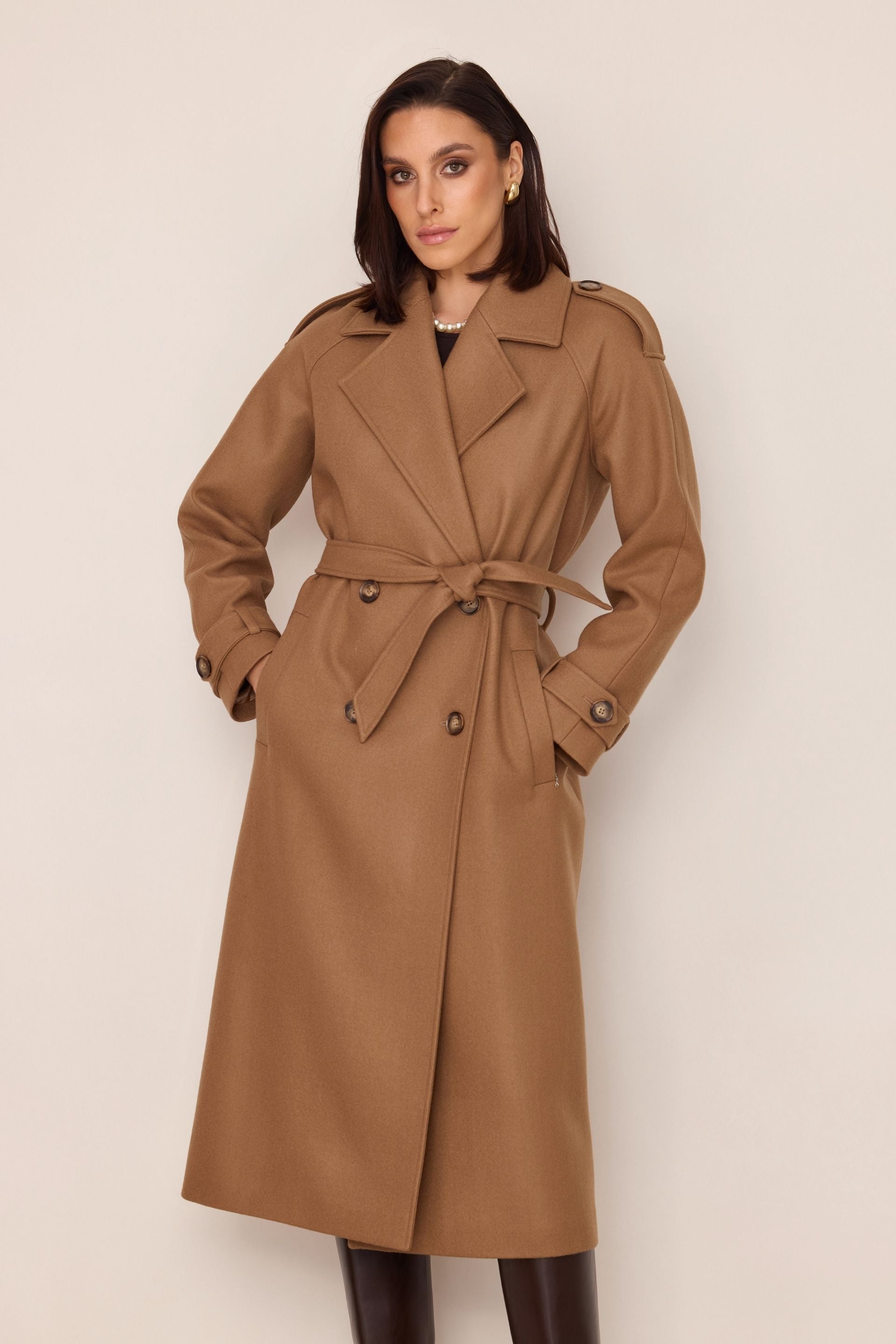 Merino Wool Trench Coat Caramel