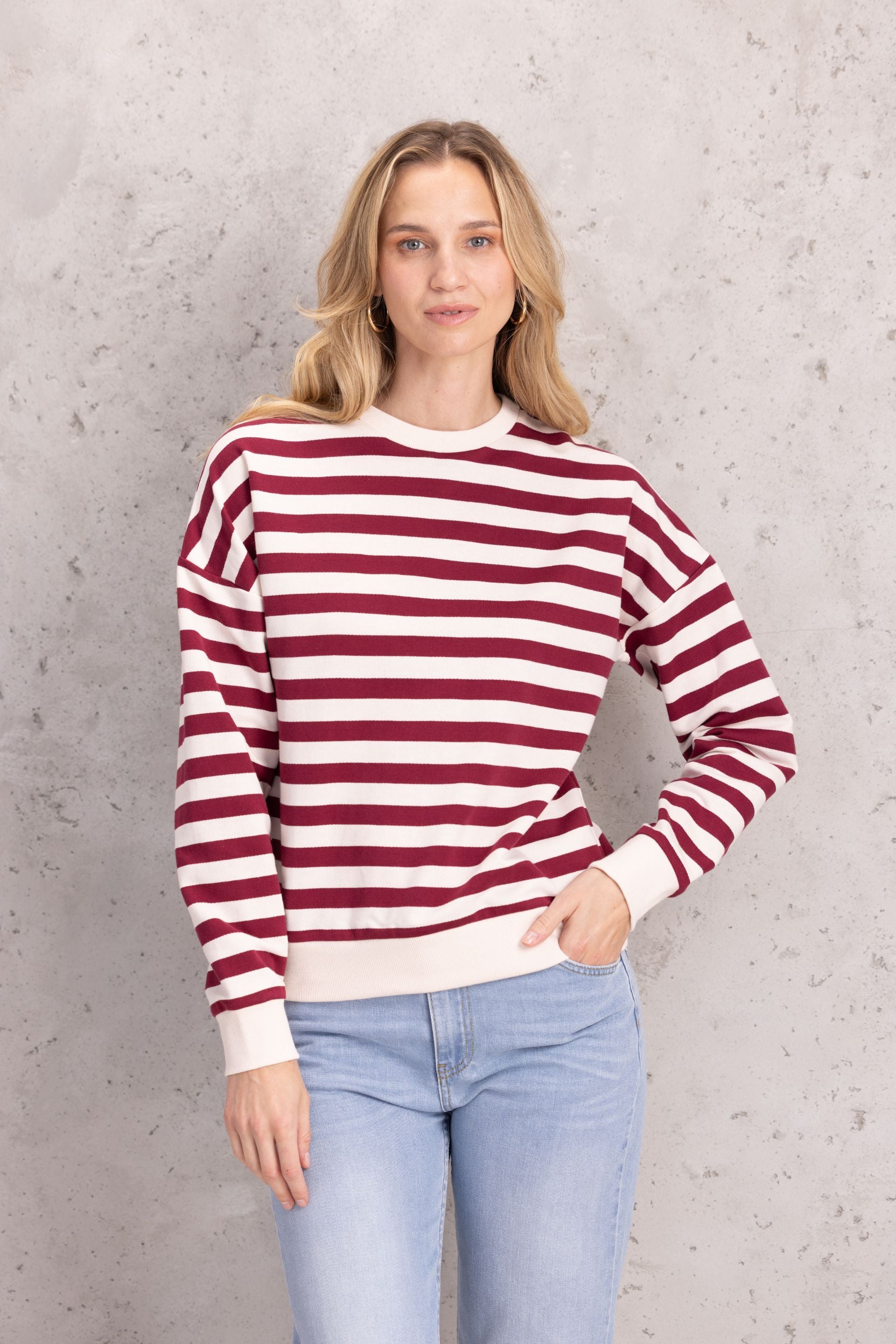 Off-white striped sweatshirt with burgundy
