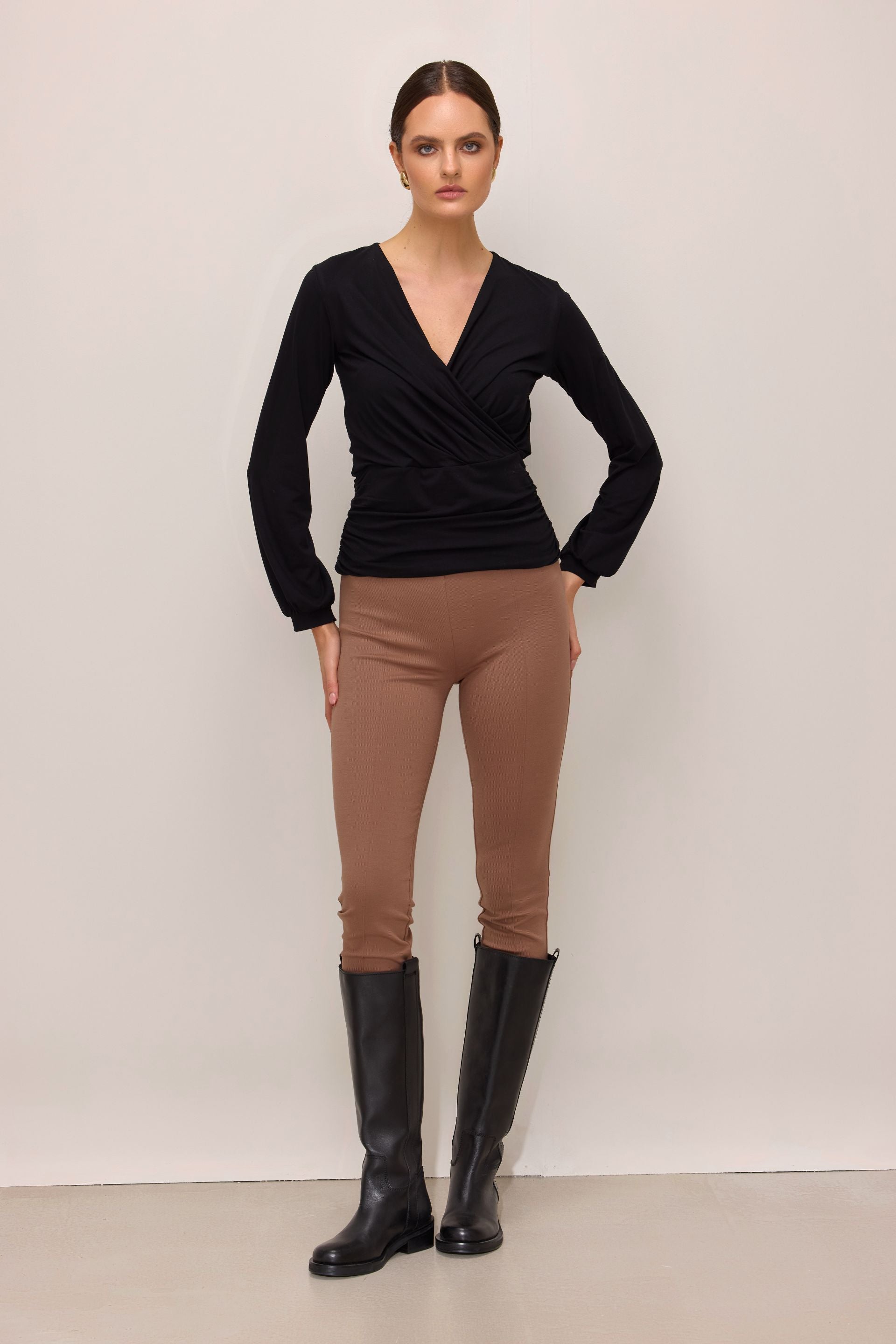 Elegant black micromodal wrap blouse