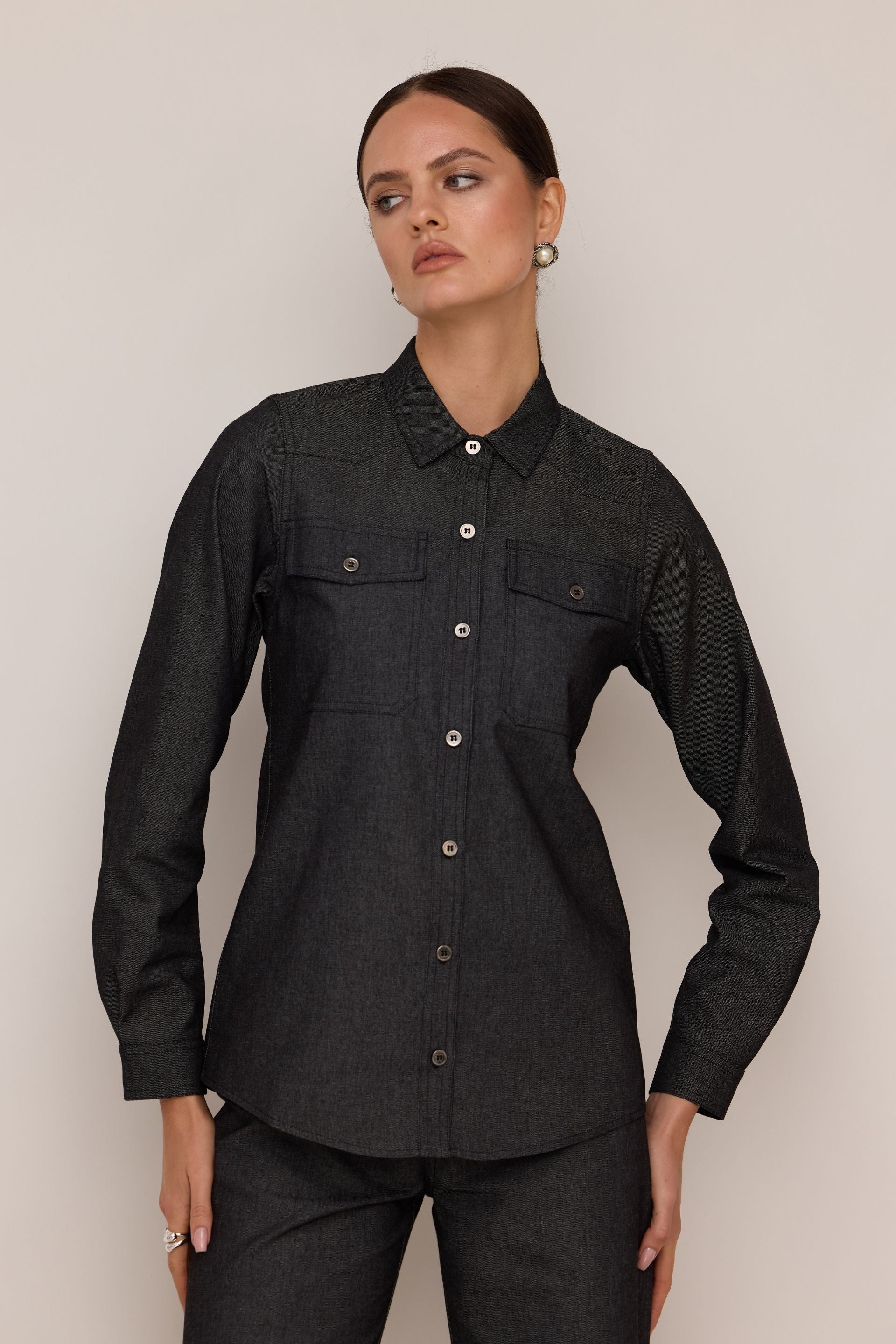 Denim shirt with pockets, dark anthracite