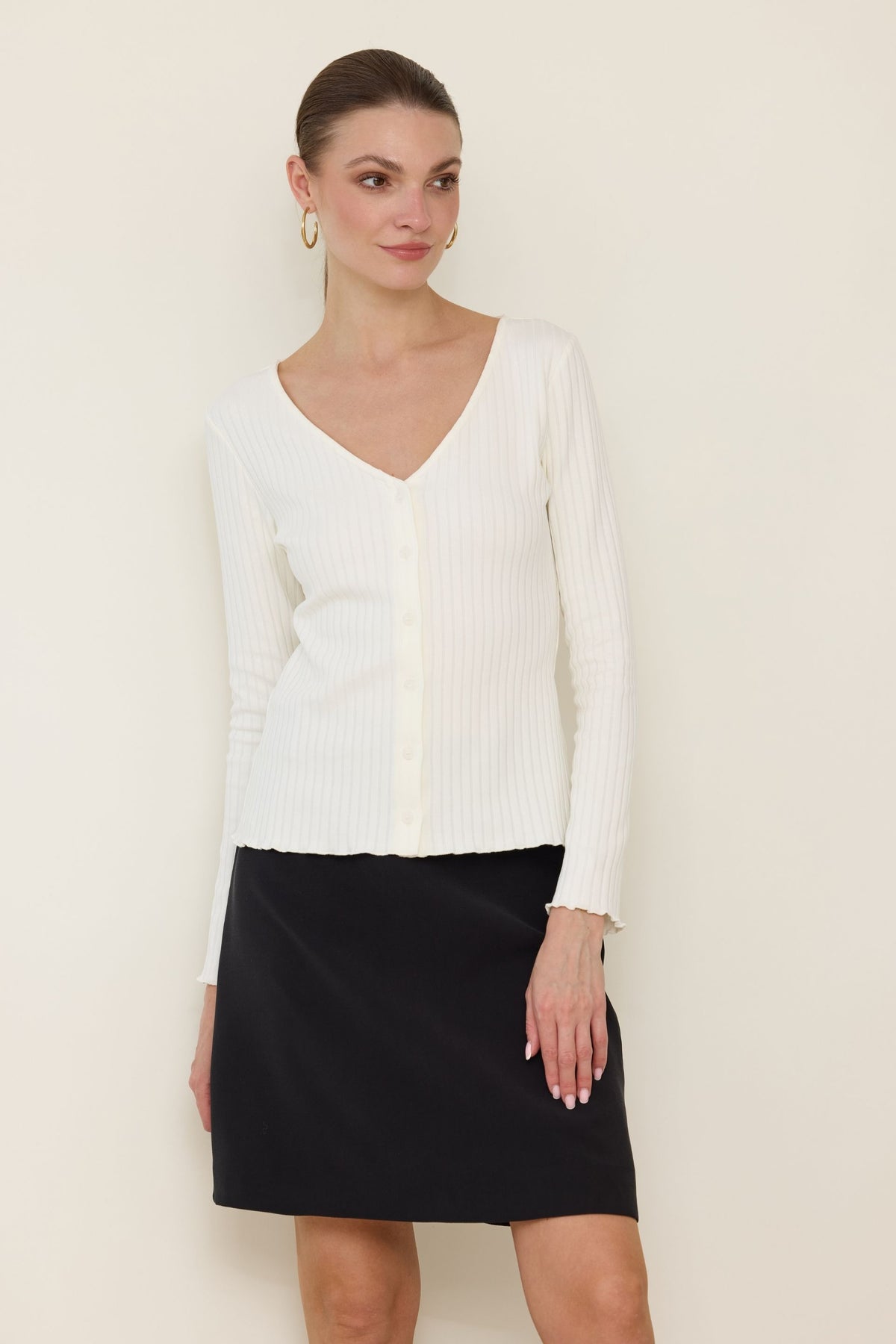 Cream V-neck button-down blouse