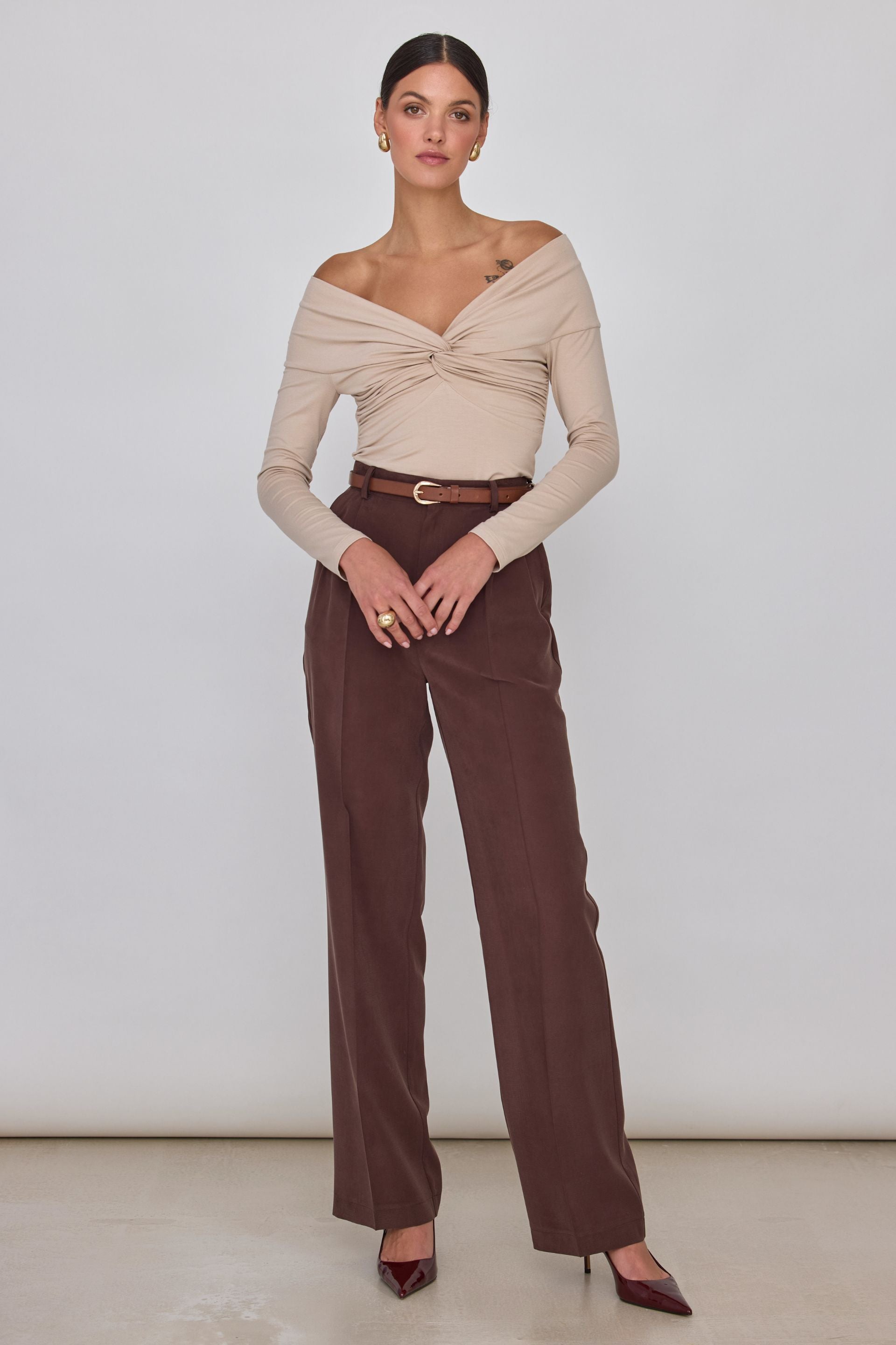 Spodnie z szeroką nogawką gorzka czekolada