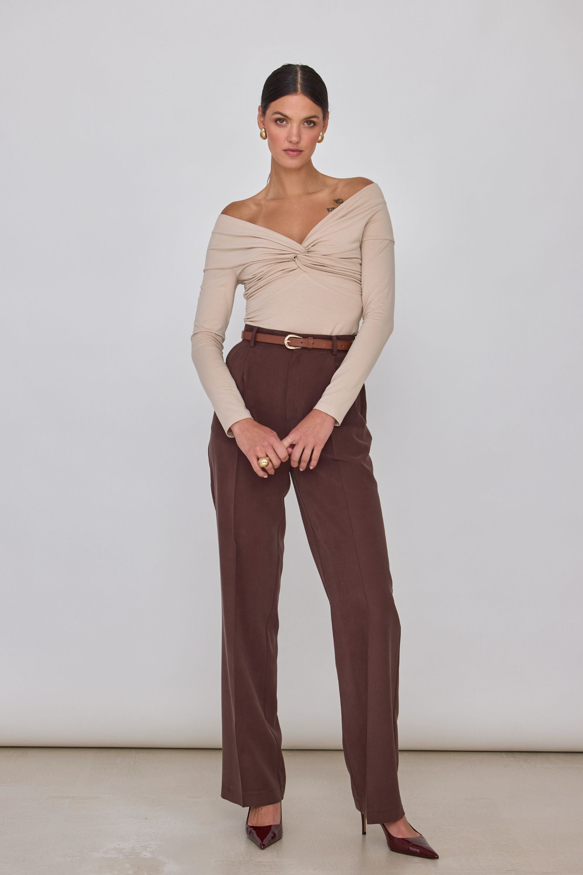 Spodnie z szeroką nogawką gorzka czekolada