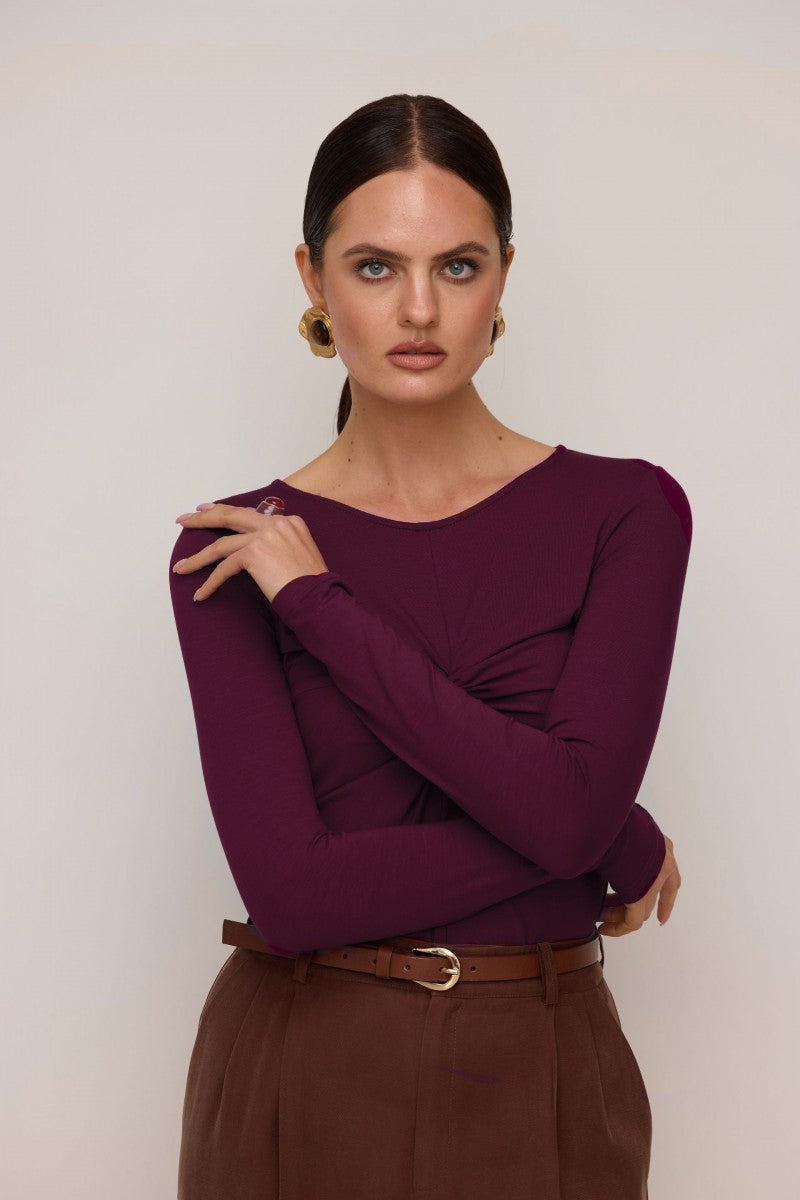 Bluzka basic z zawinięciem wiśniowa