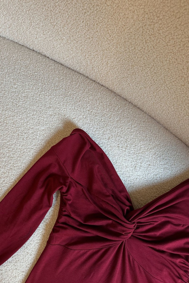 Burgundy Off-the-Shoulder Roll-Up Long Sleeve Blouse