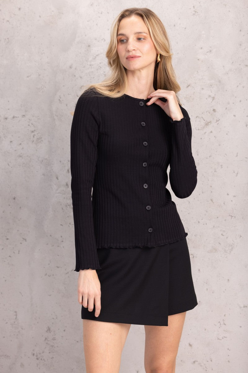 Bluzka na guziki z dekoltem basic w szerszy prążek czarna