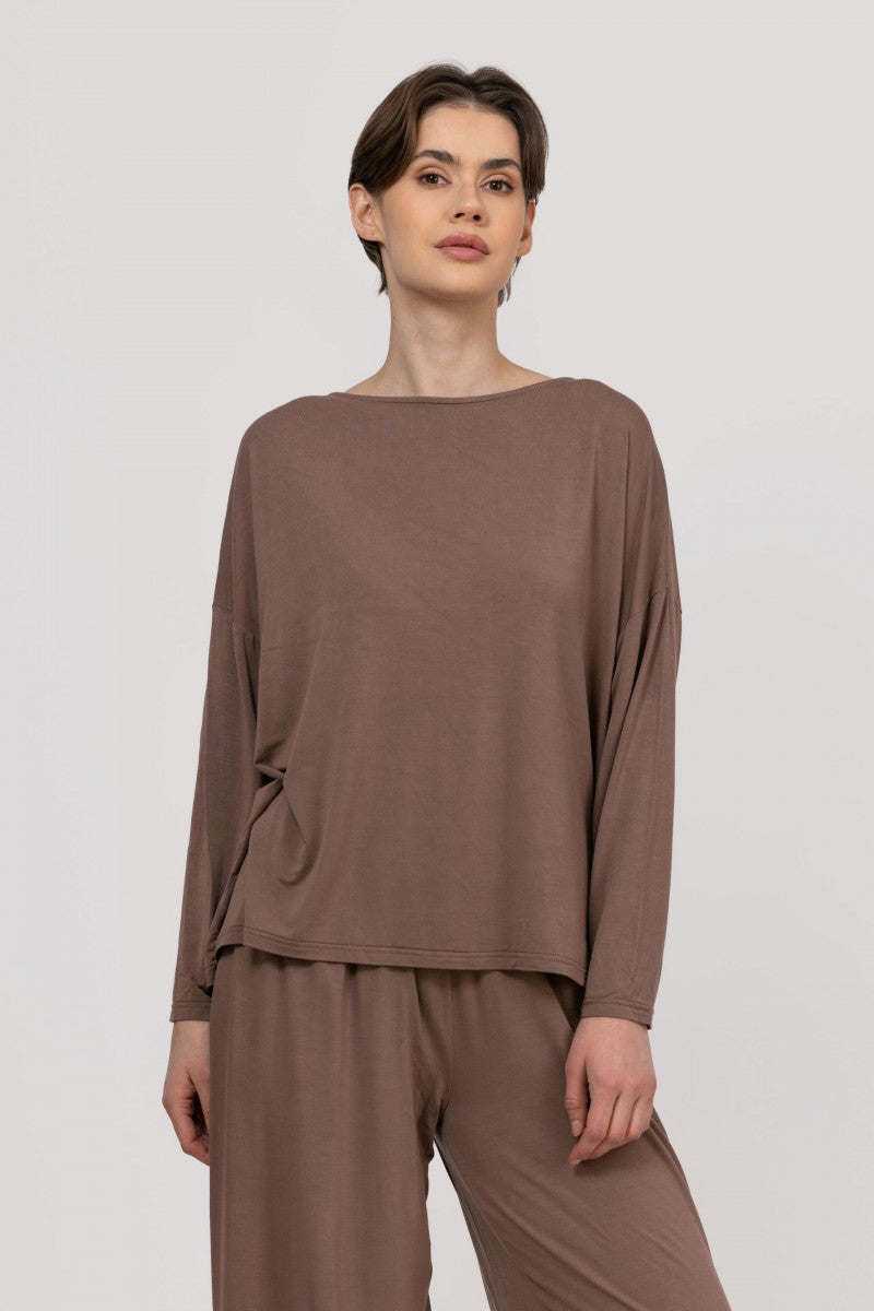 Bluzka o nietoperzowym kroju z bambusa brązowa