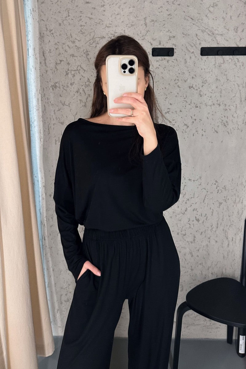Black batwing cut bamboo blouse