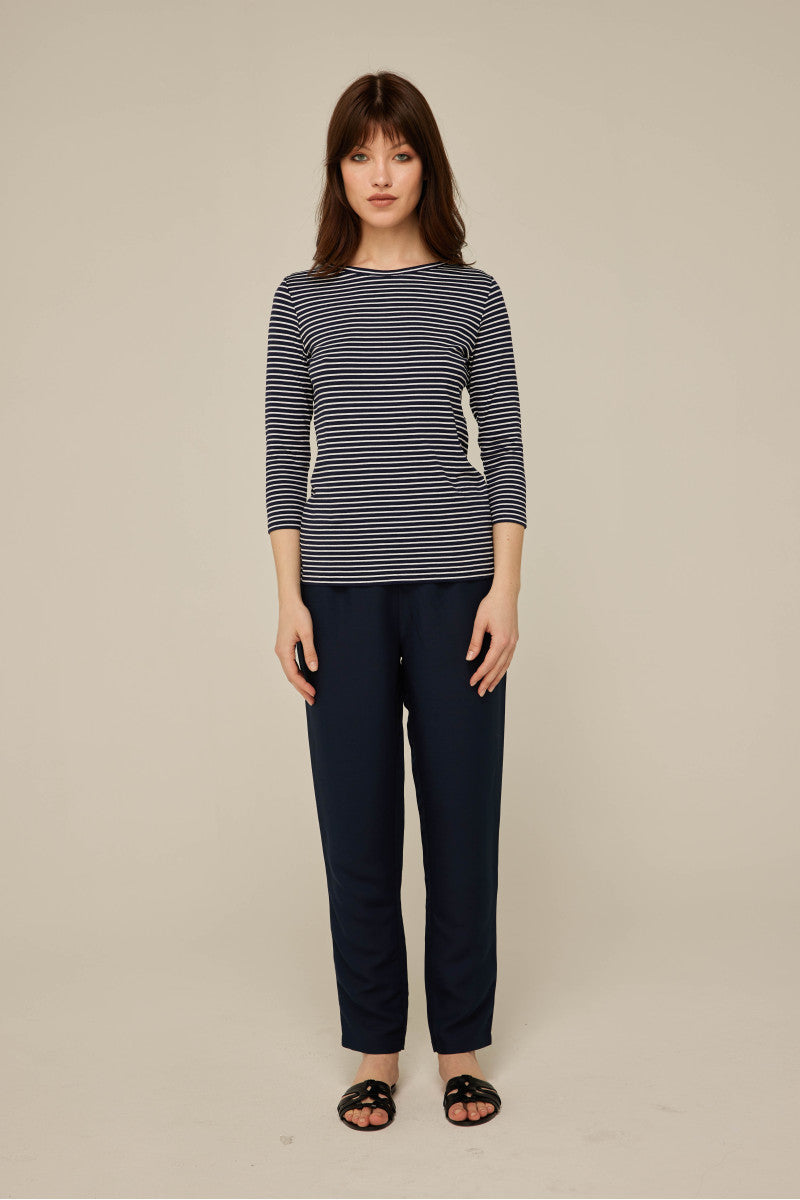 Bluzka w paski z rękawem 3/4 granatowa