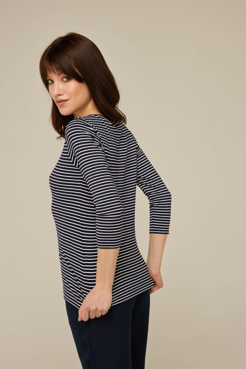 Striped blouse with 3/4 sleeves, navy blue