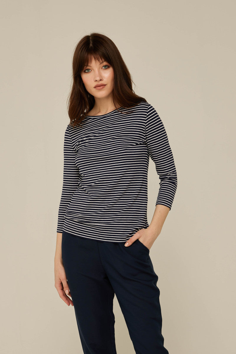 Bluzka w paski z rękawem 3/4 granatowa