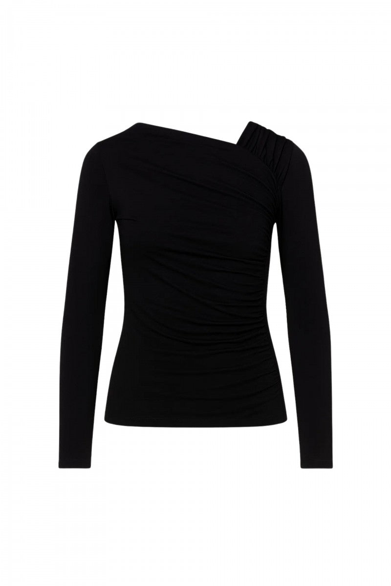 Asymmetric neckline blouse with draped long sleeves, black