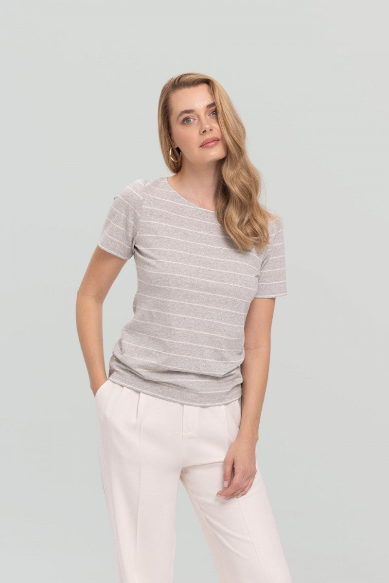 Bluzka z krótkim rękawem w paski szary melanż- biała