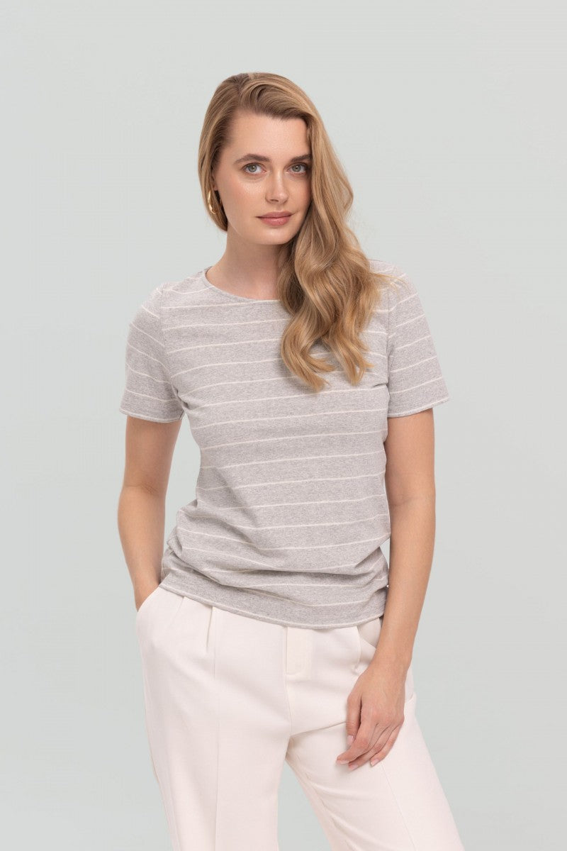 Bluzka z krótkim rękawem w paski szary melanż- biała