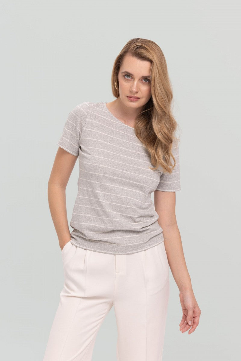 Bluzka z krótkim rękawem w paski szary melanż- biała