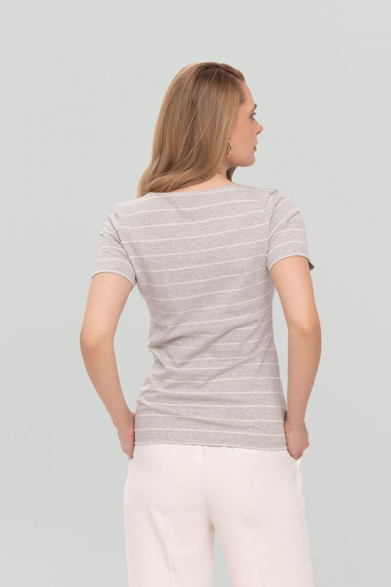 Bluzka z krótkim rękawem w paski szary melanż- biała