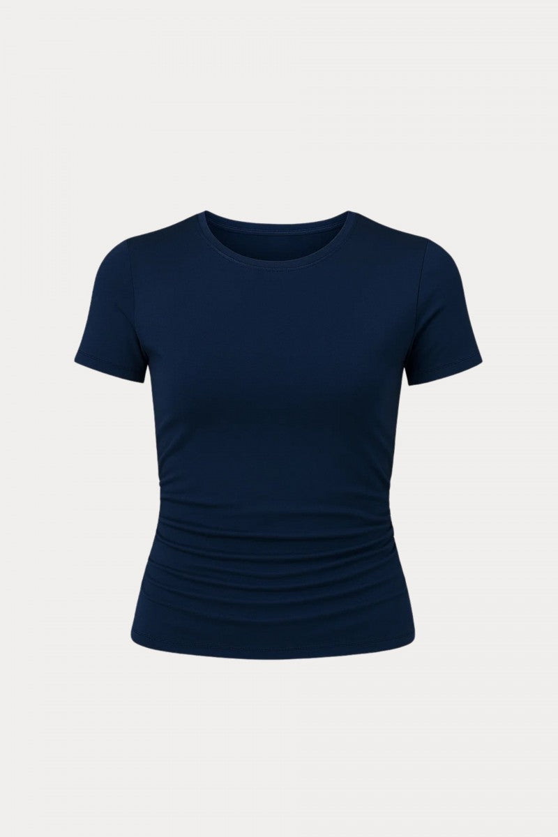 Bluzka z krótkim rękawem z drapowaniem po bokach granatowa