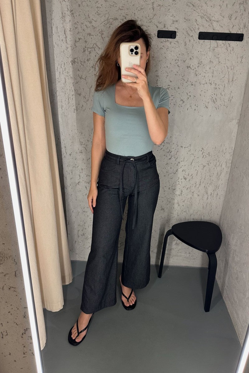 Sage blouse with a square neckline and short sleeves