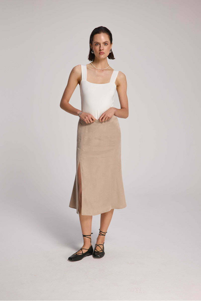 Cream Tencel bodysuit with straps