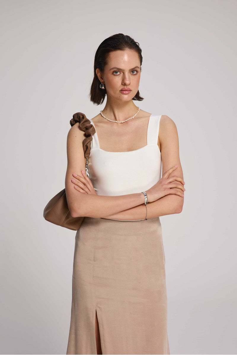 Cream Tencel bodysuit with straps